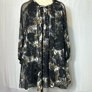 Tracy Reese Silk midi Dress Size Medium sheer Overlay Like New Black Tan Floral